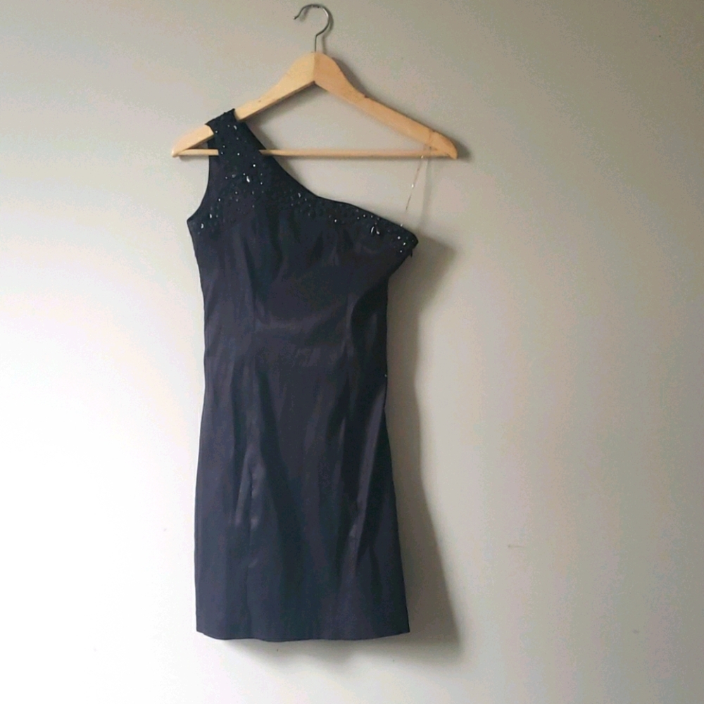 Black one shoulder mini dress with sparkle detail